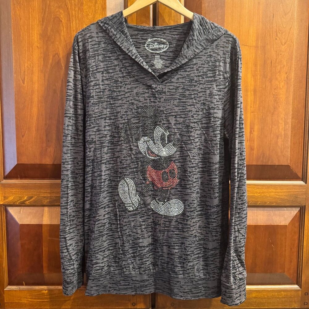 Disney Mickey Mouse Rhinestone Pullover Hoodie Gray Black Womens XXL